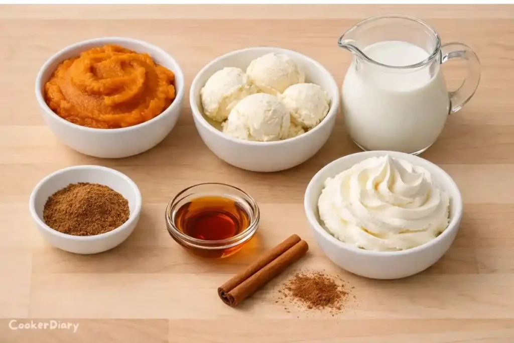 Flat-lay of pumpkin spice milkshake ingredients on wooden surface.