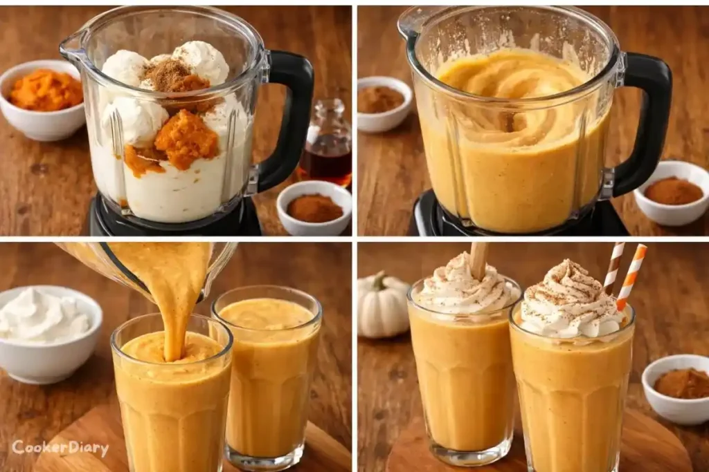 Four-step composite showing how to make the milkshake.