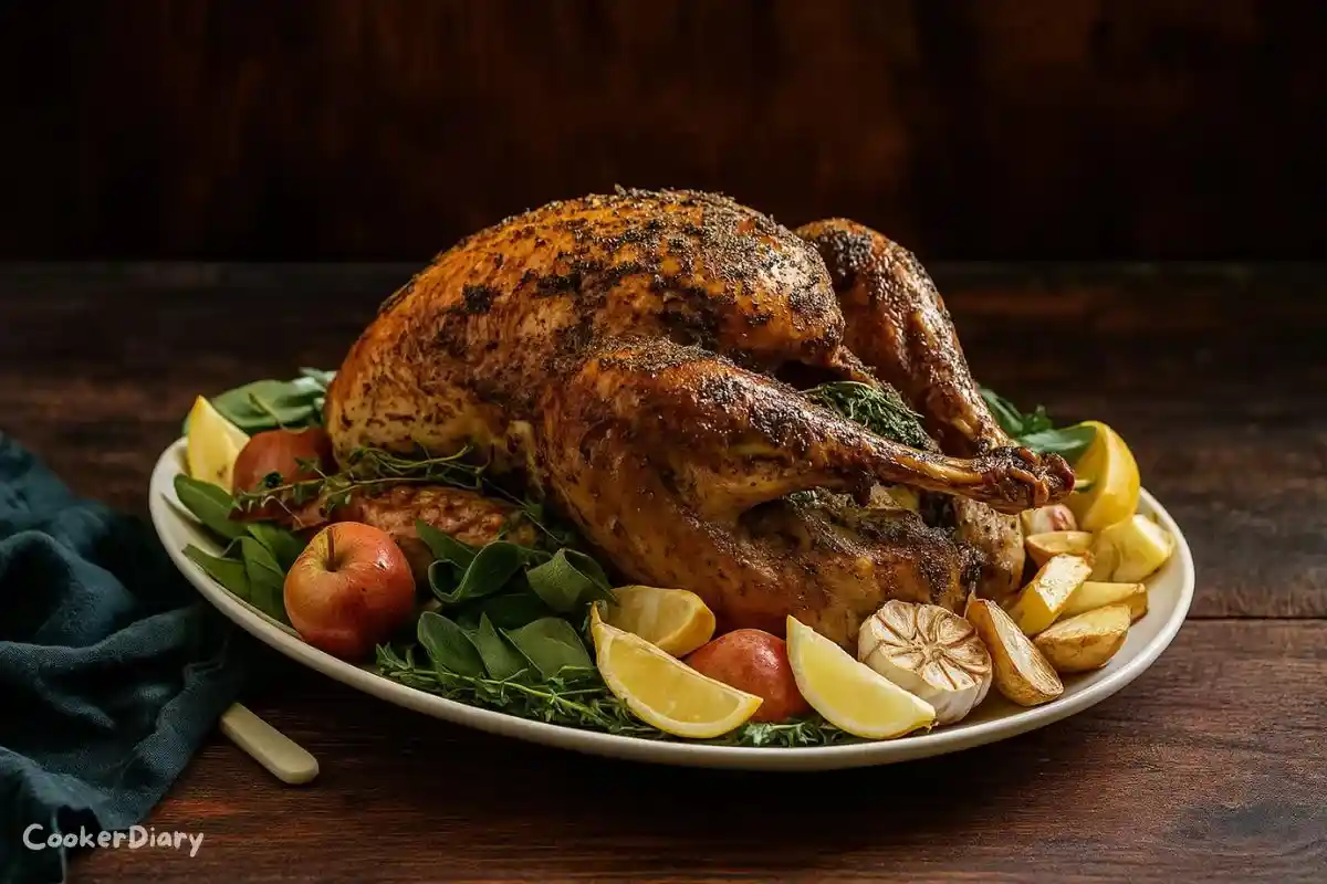 Side-angle view of roast turkey with herb butter, fresh herbs, and roasted garlic in a pan.