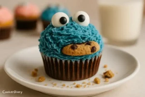 Side view of a Cookie Monster cupcake with blue frosting, candy eyes, and a mini cookie on a white plate.