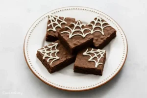 Spider web brownies decorated with white chocolate icing for Halloween