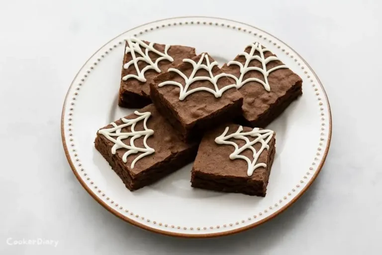 Spider web brownies decorated with white chocolate icing for Halloween