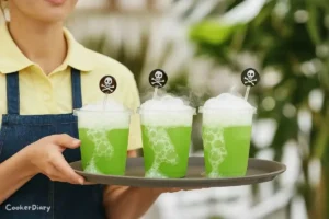 A glowing green witches brew punch in plastic cups with fog from dry ice
