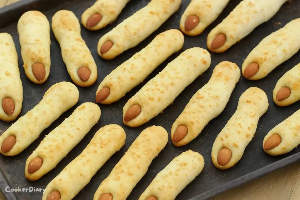 Freshly baked breadstick witches fingers with almond nails on a baking sheet
