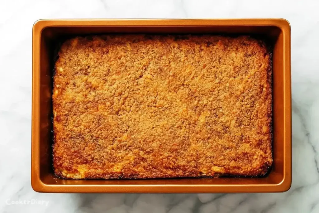 Cinnamon sugar apple cake freshly baked in a baking pan with golden brown top