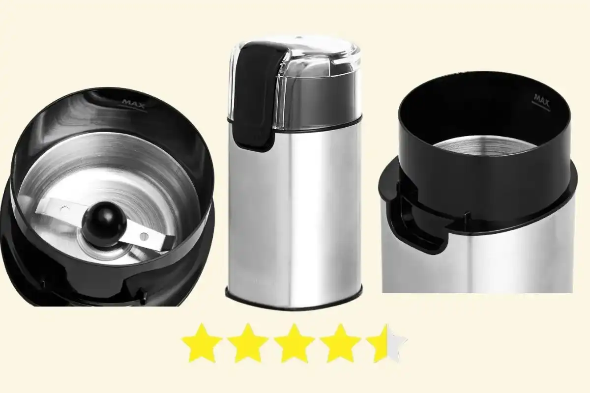 Amazon Basics electric coffee grinder with stainless steel blades and compact black design