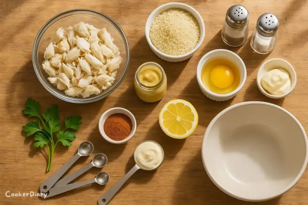 Ingredients for homemade crab cake recipe including lump crab meat, breadcrumbs, eggs, and seasonings on a countertop