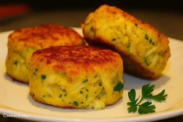 Golden brown crab cakes served in a dish with fresh herbs