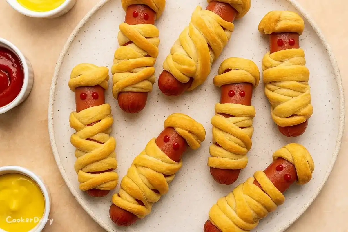 Mummy hot dogs wrapped in dough with mustard eyes on a baking sheet