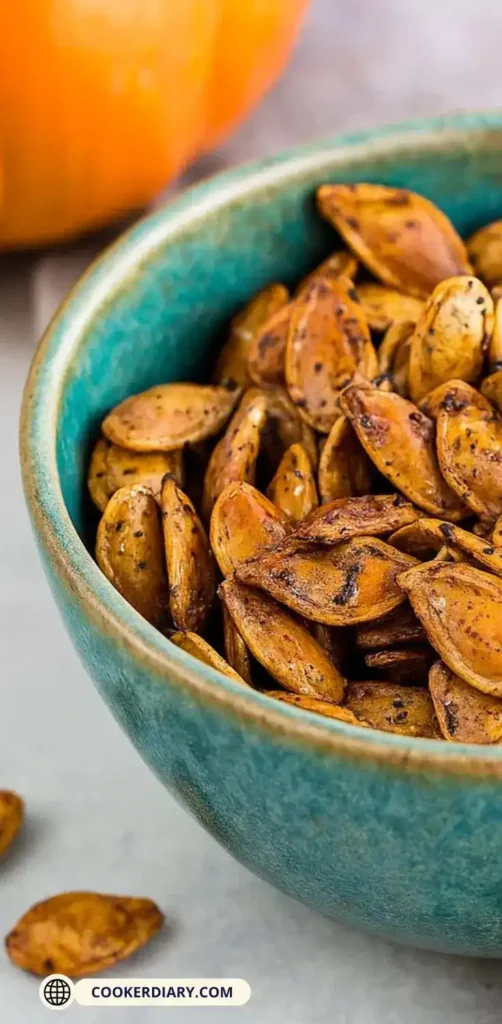 Golden roasted pumpkin seeds seasoned and served in a bowl