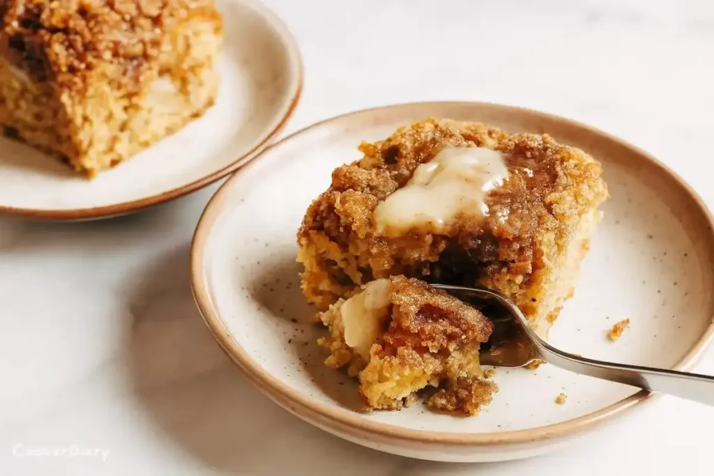 Slice of cinnamon sugar apple cake served on a dish
