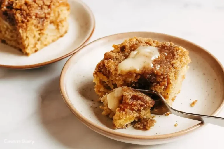 Slice of cinnamon sugar apple cake served on a dish