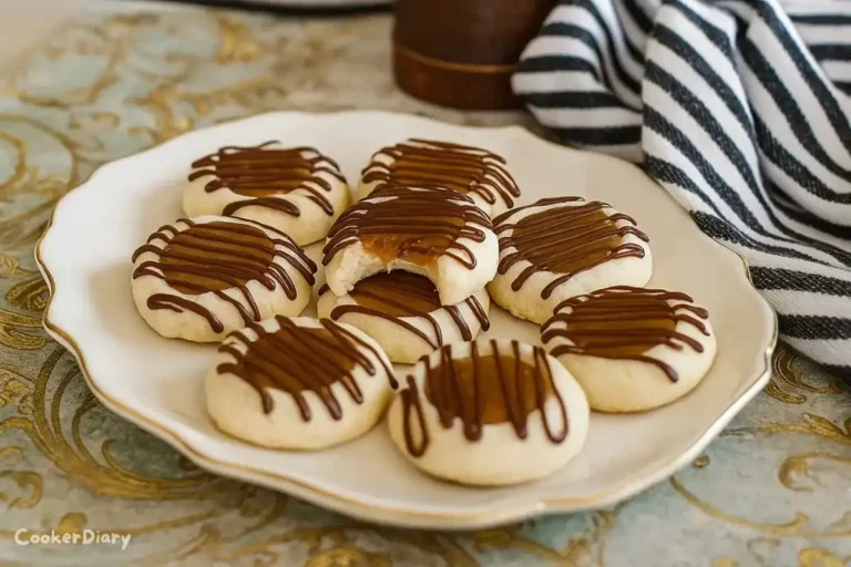 Freshly baked Twix thumbprint cookies with chocolate and caramel filling served on a plate