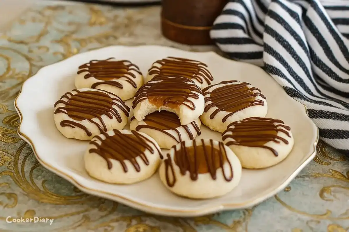 Freshly baked Twix thumbprint cookies with chocolate and caramel filling served on a plate