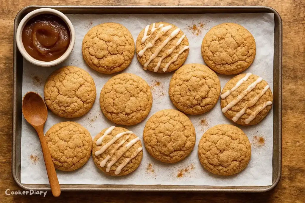 Soft apple butter cookies stacked on a parchment-lined tray, drizzled with glaze and sprinkled with cinnamon.