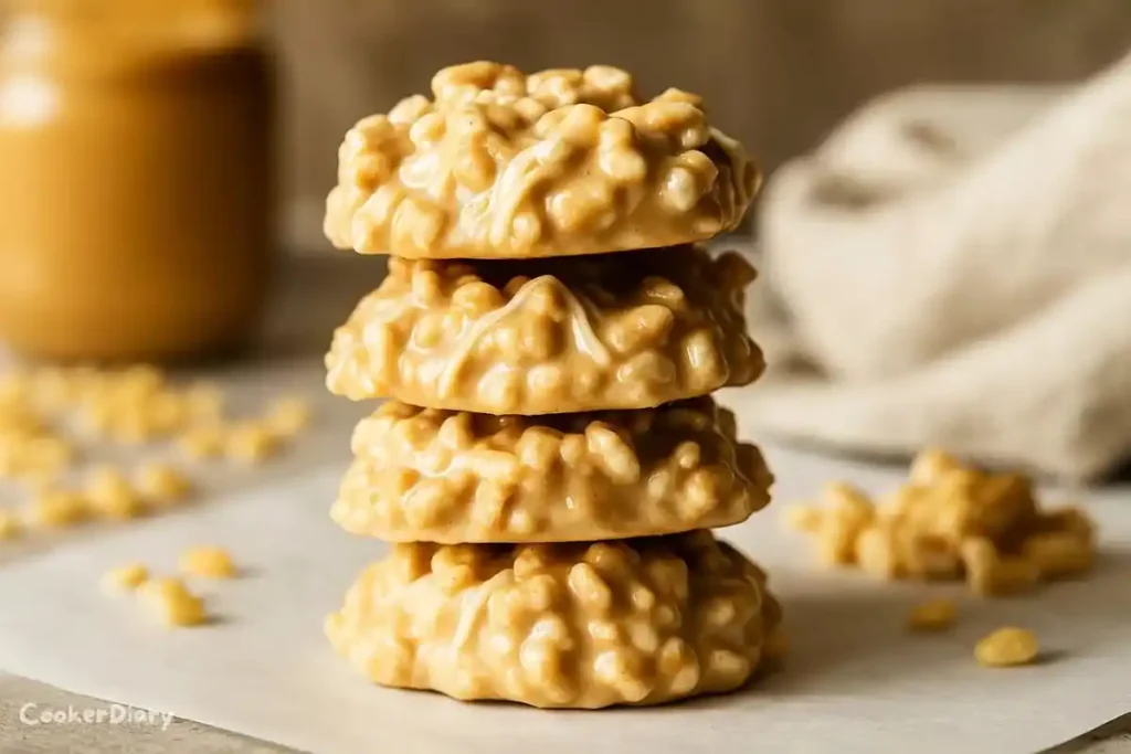 Close-up side view of avalanche cookies stacked, showing the crunchy texture and gooey white chocolate coating.
