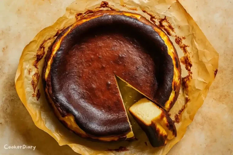 Burnt Basque cheesecake with caramelized top and creamy center, baked in parchment paper and slightly cracked surface.
