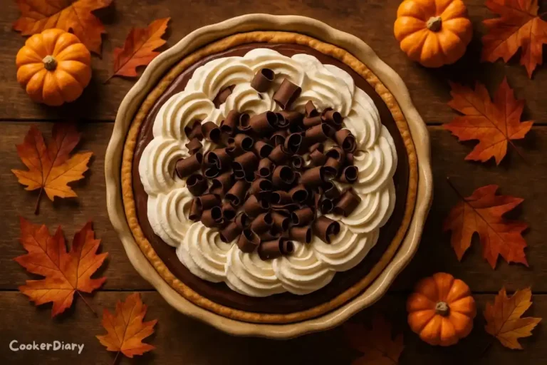 Whole Chocolate Cream Pie topped with whipped cream and chocolate curls on a rustic Thanksgiving table.