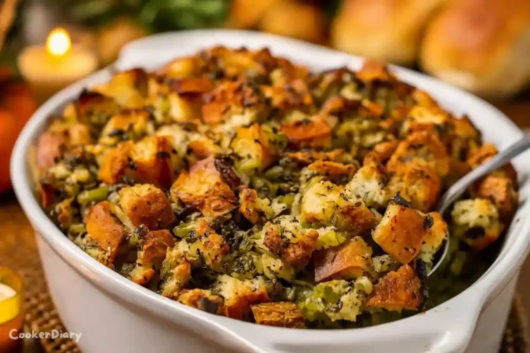 Side-angle close-up of baked stuffing with crispy bread cubes, herbs, and vegetables in a casserole dish.