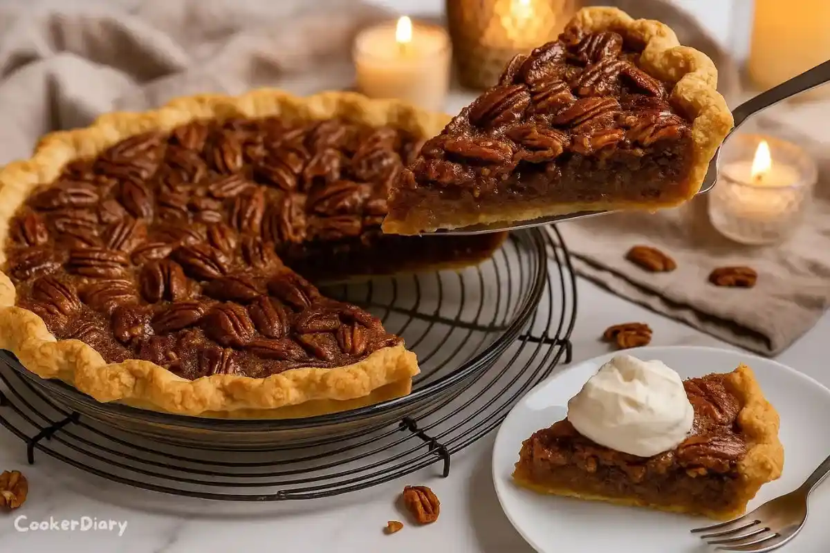 Angled close-up of pecan pie slice being lifted, showing gooey filling and caramelized pecans.