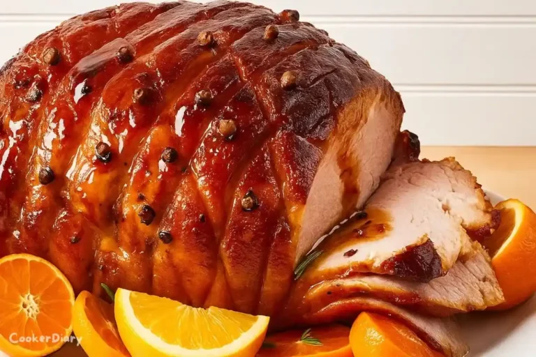 Close-up side view of a honey-glazed spiral ham with caramelized glaze, orange wedges, and rosemary.