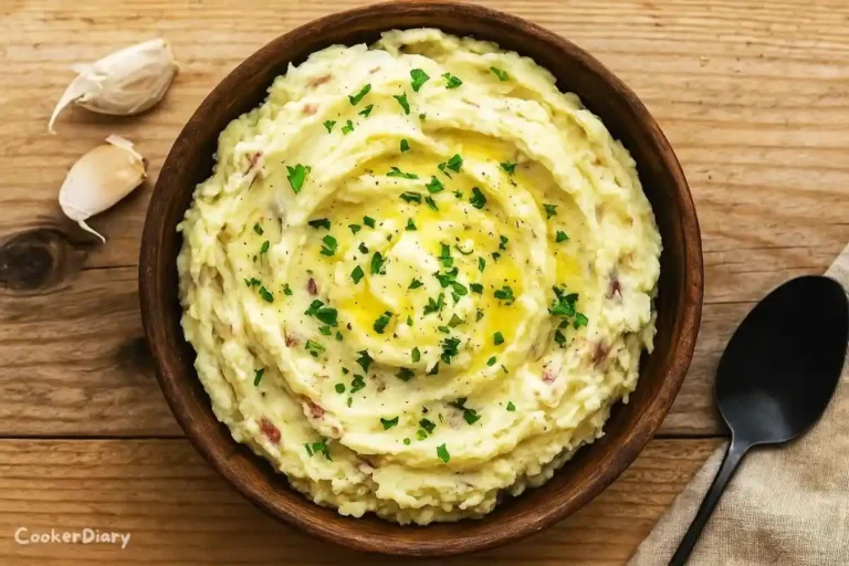 Rustic bowl of creamy garlic mashed potatoes with butter and parsley.