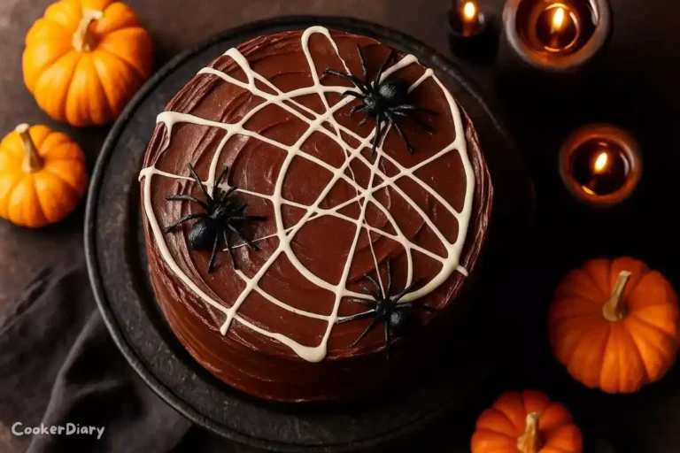 A Halloween chocolate cake decorated with glossy chocolate frosting, white chocolate web design, and plastic spiders on top.