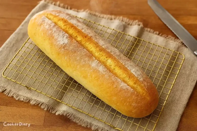 Freshly baked Cuban bread loaf with golden crust and signature split top, cooling on a wire rack.