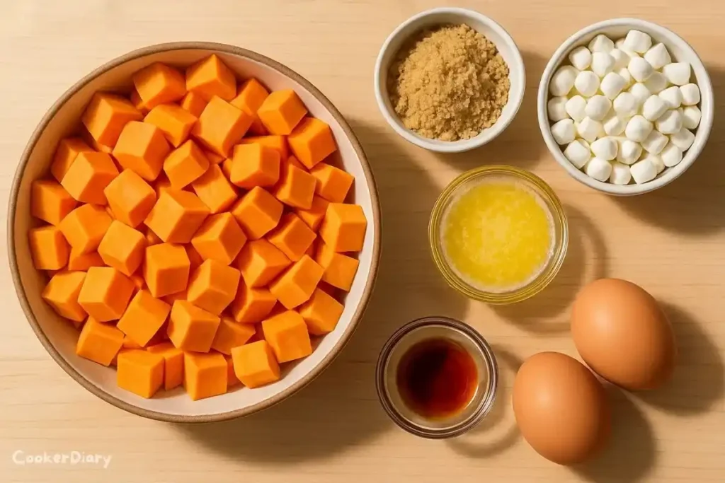 Raw ingredients for sweet potato casserole including sweet potatoes, brown sugar, butter, eggs, vanilla, and mini marshmallows arranged on a countertop.