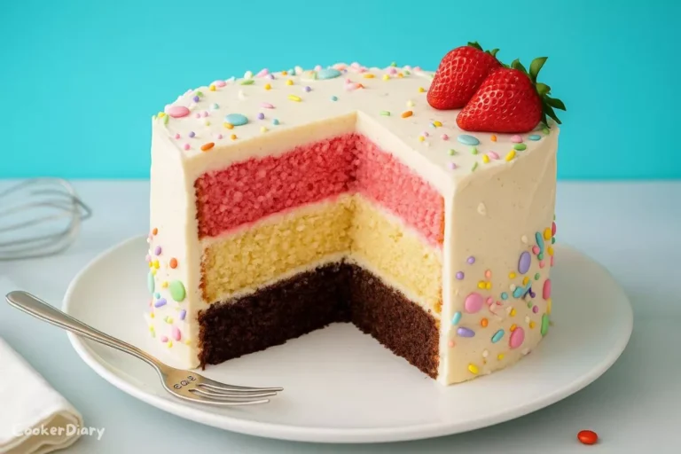 A top-down view of a Neapolitan cake showing distinct chocolate, vanilla, and strawberry layers topped with whipped cream and sprinkles.