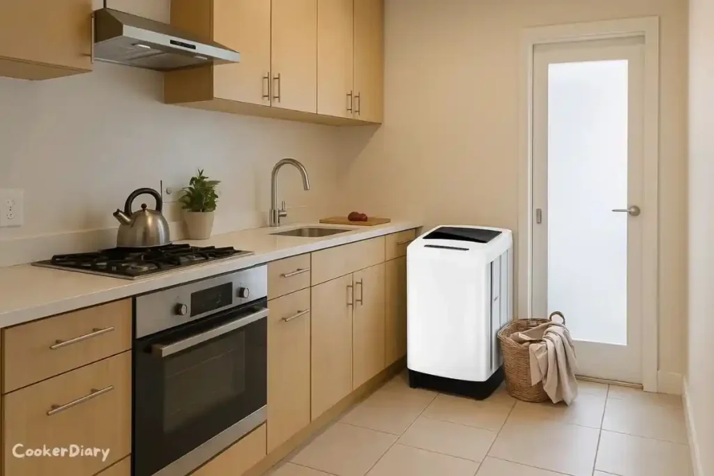 1.5 cu. ft. portable washing machine placed in a compact kitchen corner
