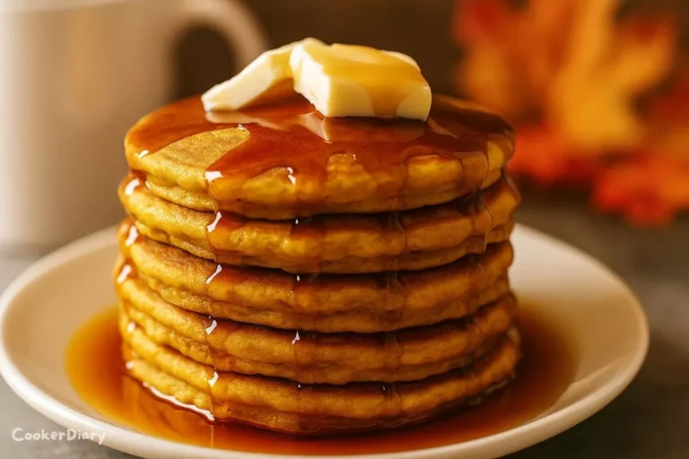 A close-up side angle of a stack of pumpkin pancakes topped with syrup and butter, showing fluffy layers.