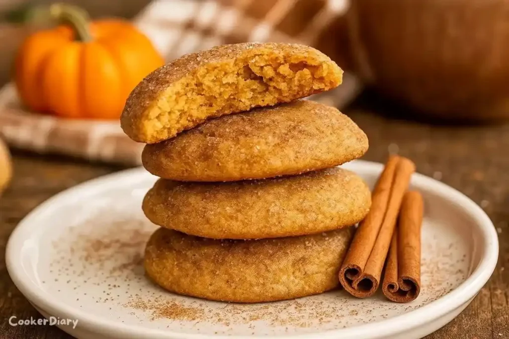 A stack of pumpkin snickerdoodle cookies on a small plate with cinnamon sticks beside it, showing the soft, chewy texture.