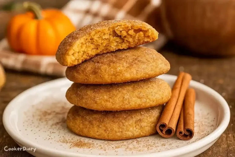A stack of pumpkin snickerdoodle cookies on a small plate with cinnamon sticks beside it, showing the soft, chewy texture.