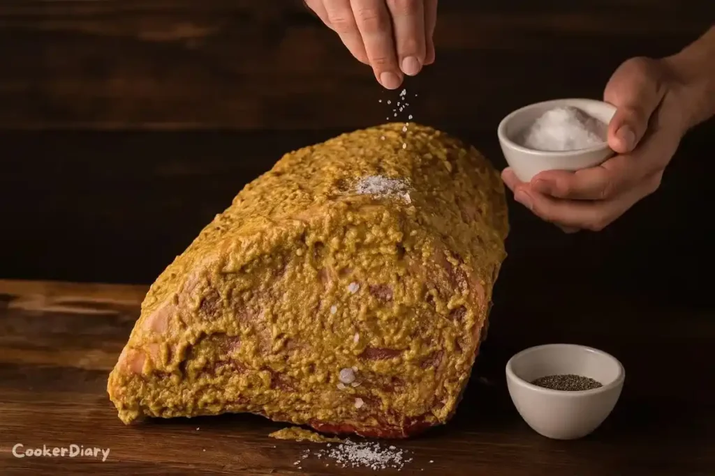 Chef rubbing seasoning on a beef roast before placing it on the grill