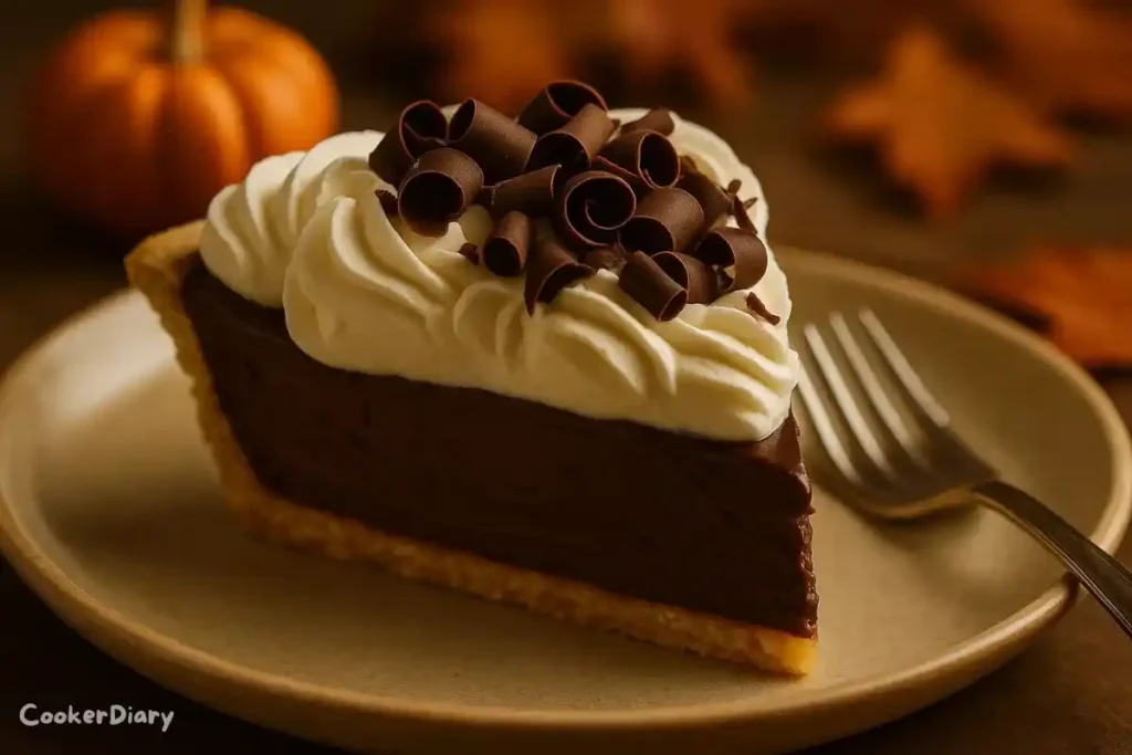 Slice of Chocolate Cream Pie with whipped cream and chocolate shavings on a dessert plate.
