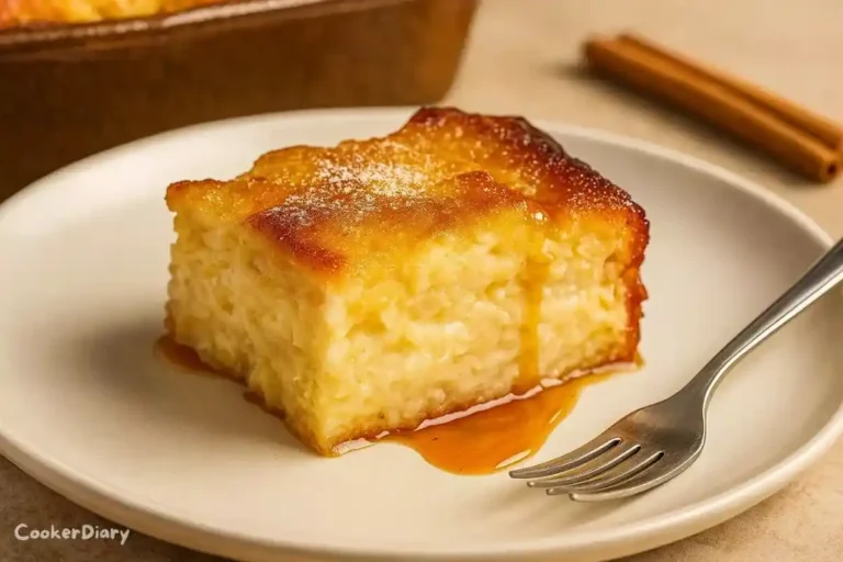 Close-up side view of a Cuban bread pudding slice on a plate, showing creamy interior and caramelized top.