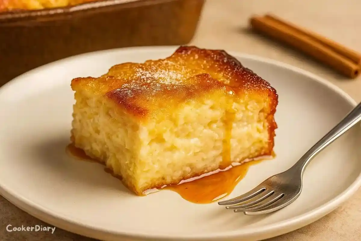 Close-up side view of a Cuban bread pudding slice on a plate, showing creamy interior and caramelized top.