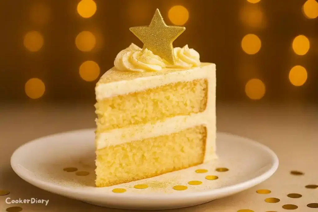 Close-up view of a decorated slice of vanilla layer cake with gold sprinkles on a plate.