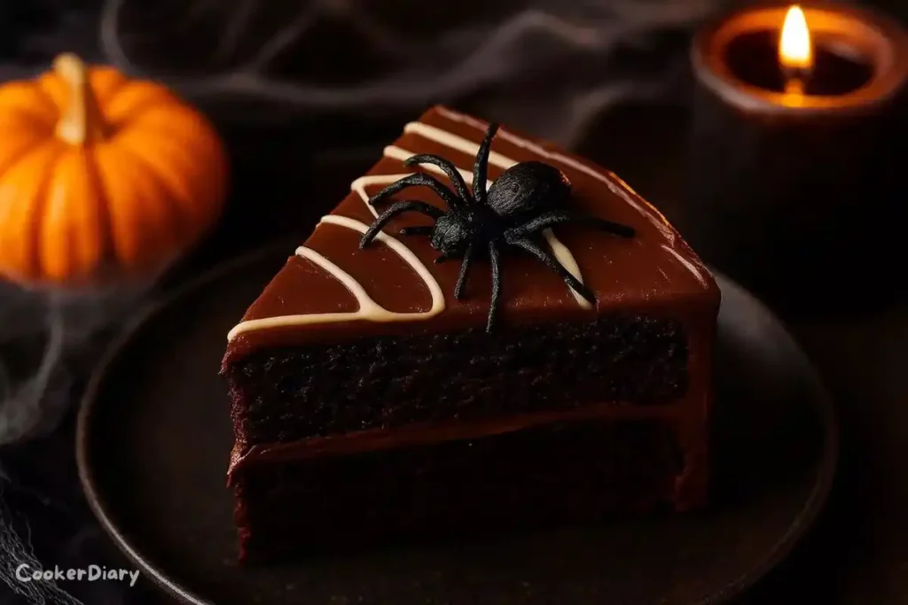Side view of a slice of Halloween chocolate cake with layers of moist chocolate sponge and glossy frosting, decorated with white chocolate web and spider.