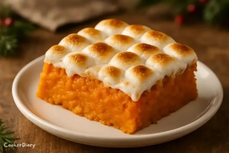 A slice of sweet potato casserole served on a plate with toasted marshmallows on top, showing fluffy layers.