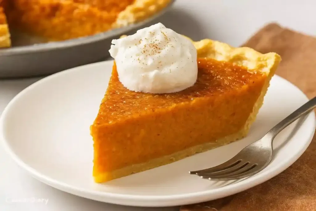 A side view of a sweet potato pie slice on a plate showing its creamy texture and flaky crust.