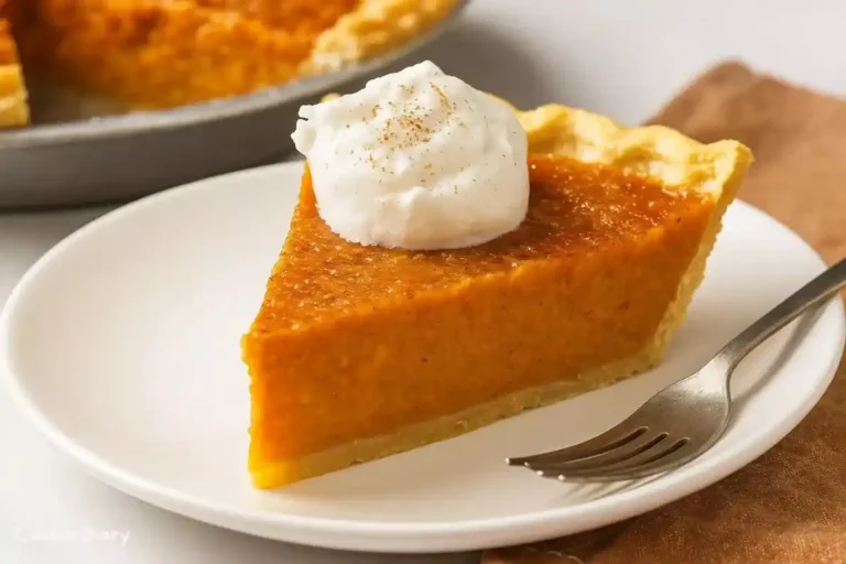A side view of a sweet potato pie slice on a plate showing its creamy texture and flaky crust.