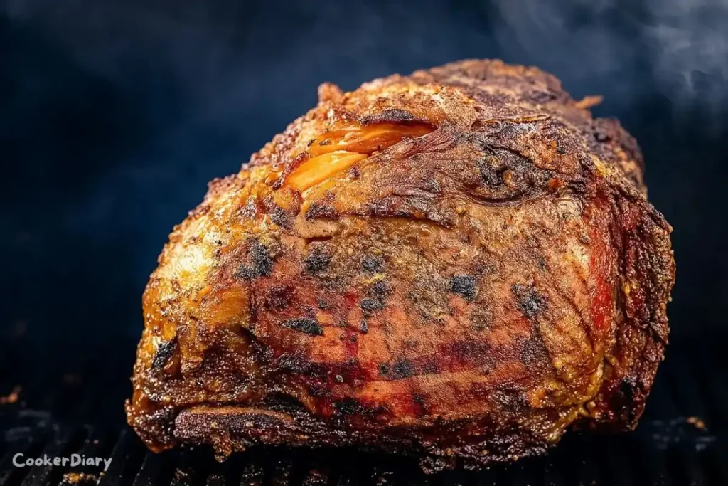 Smoked prime rib cooking on the grill with a flavorful crust