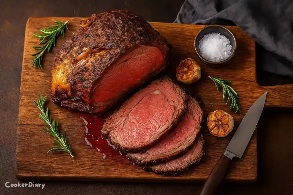 Top-down view of sliced smoked prime rib with a smoky crust, pink center, herbs, and garlic on a wooden cutting board.