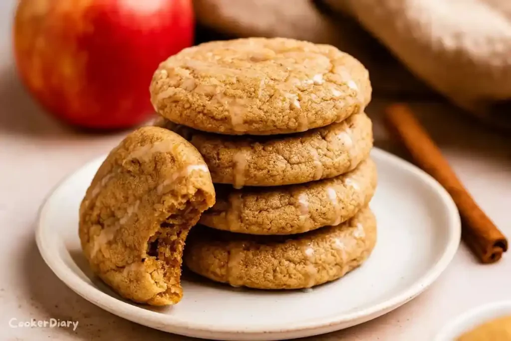 Side view of apple butter cookies stacked on a plate, showing soft centers and golden edges.