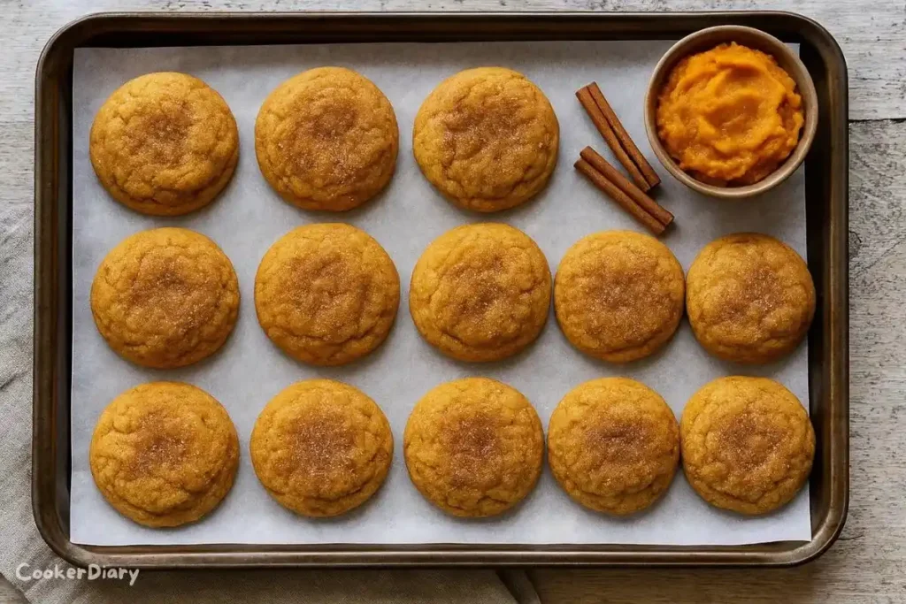 Freshly baked pumpkin snickerdoodle cookies on a parchment-lined baking tray, sprinkled with cinnamon sugar.