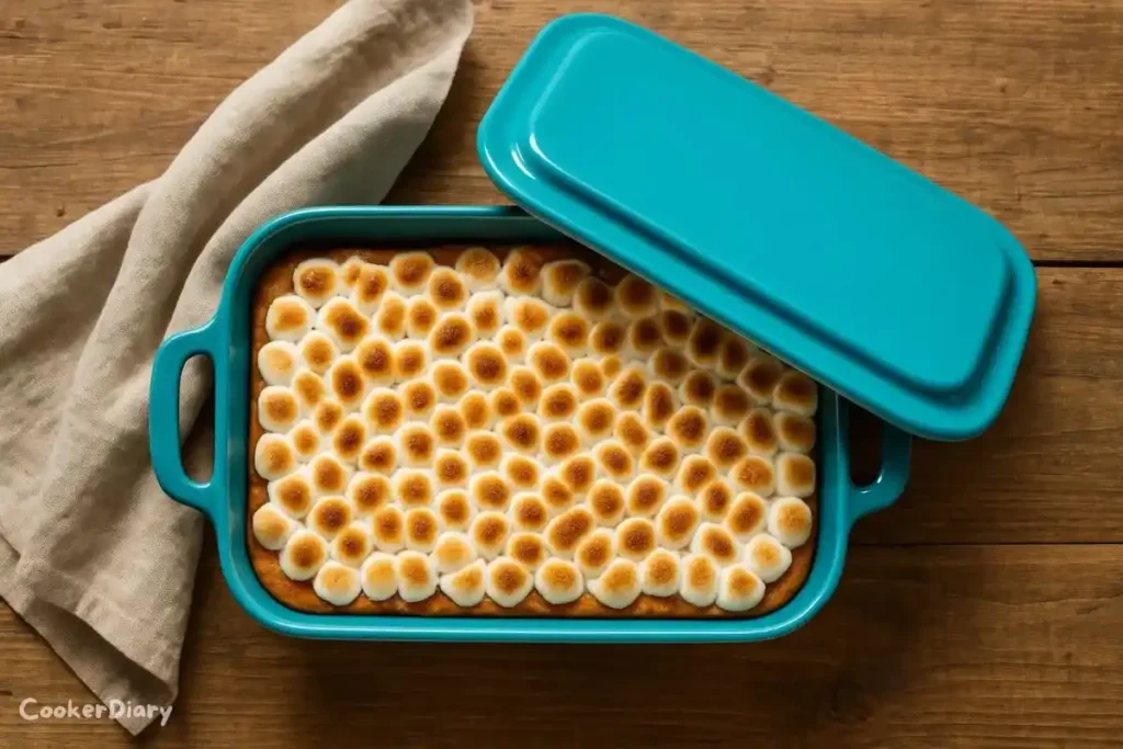 A baked sweet potato casserole in a ceramic dish topped with golden brown toasted marshmallows.
