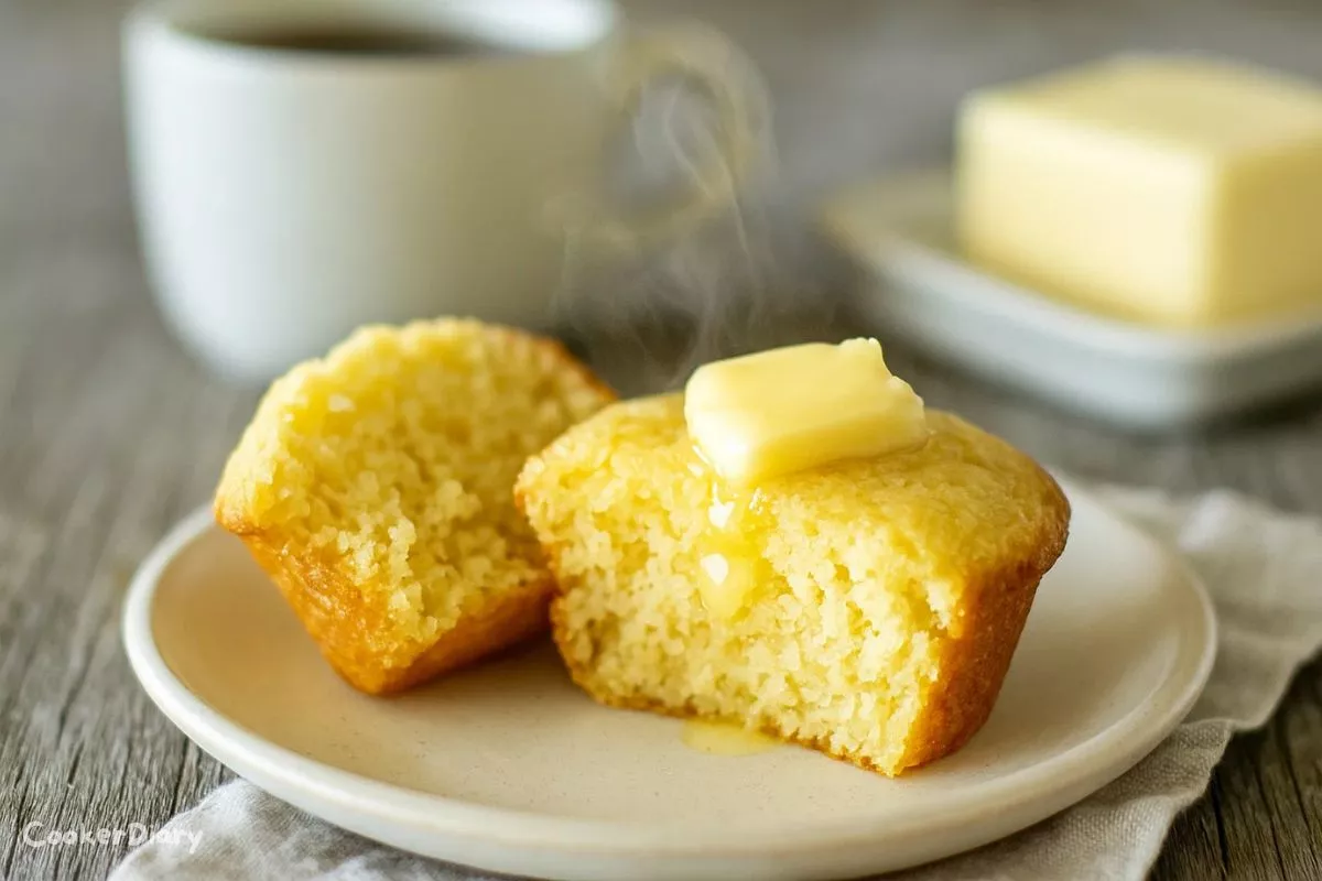 Close-up side angle of a cornbread muffin cut in half, showing a moist, fluffy interior with golden edges.