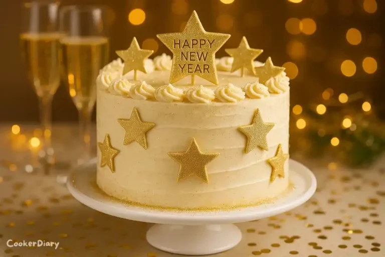 New Years cake with gold glitter and stars on white stand, with champagne glasses and confetti in background.